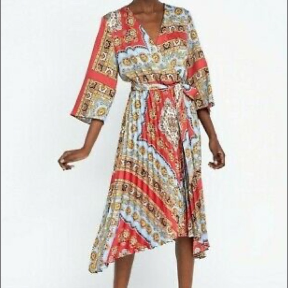 zara printed pleated dress